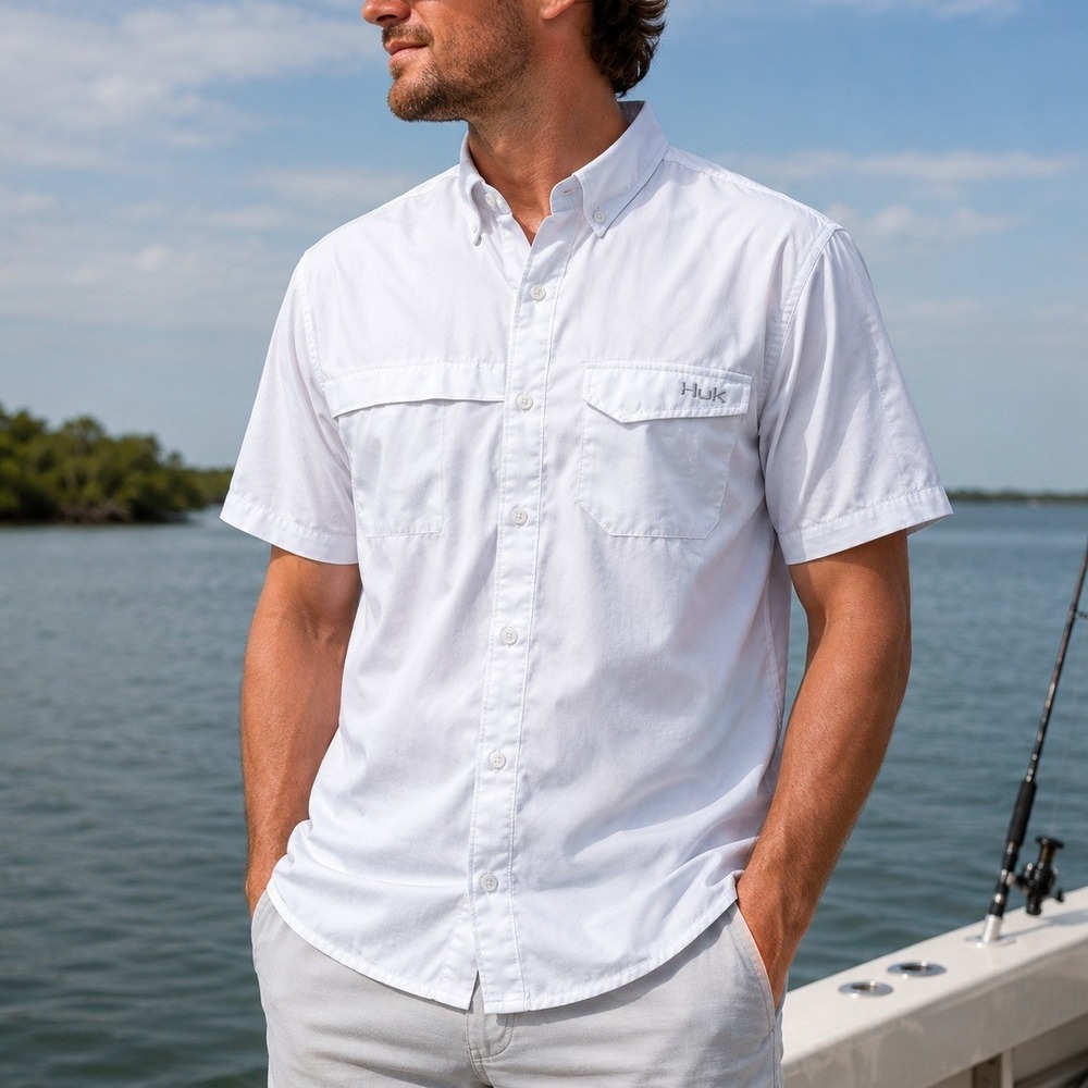 Huk Fishing Shirt Mens L Large White Short Sleeve Button Down Performance Pocket